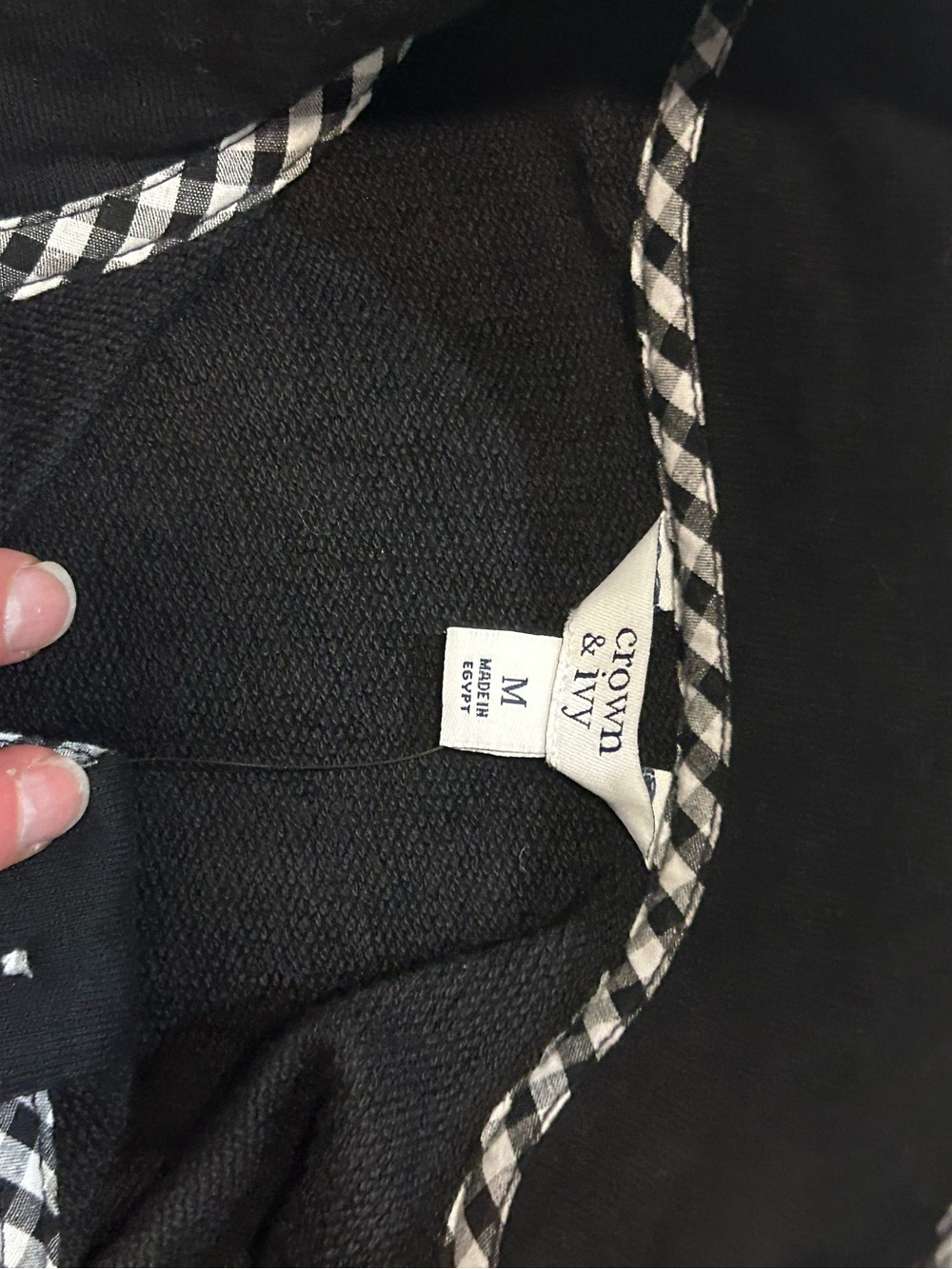 crown & ivy Black Sweater with Black-and-White Check Trim